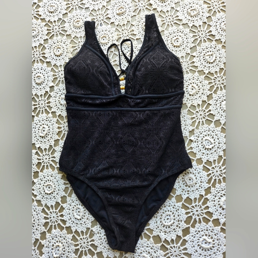 Black Lace With Gold Details One Piece Bathing Swimsuit | Summer